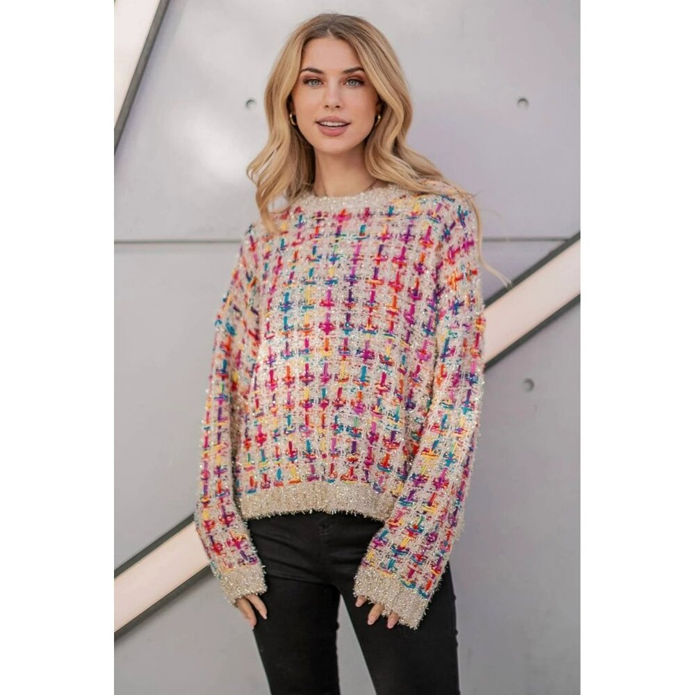 NWT Marc New York Womens Ivory Multi Tweed Metallic Basketweave Pullover Sweater